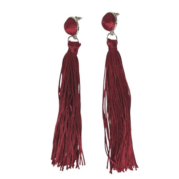 Red Tassel Dangle Drop Earrings Boho Costume Jewelry - Picture 2 of 3